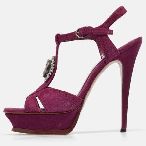 Yves Saint Laurent Purple Suede Buckle Detail Platform Ankle Strap Sandals Size 40, Sandals - Luxury Closet catalog