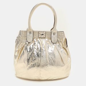 Zagliani Gold Crinkled Leather Side Zip Detail Tote, Tote Handbags - Luxury Closet catalog