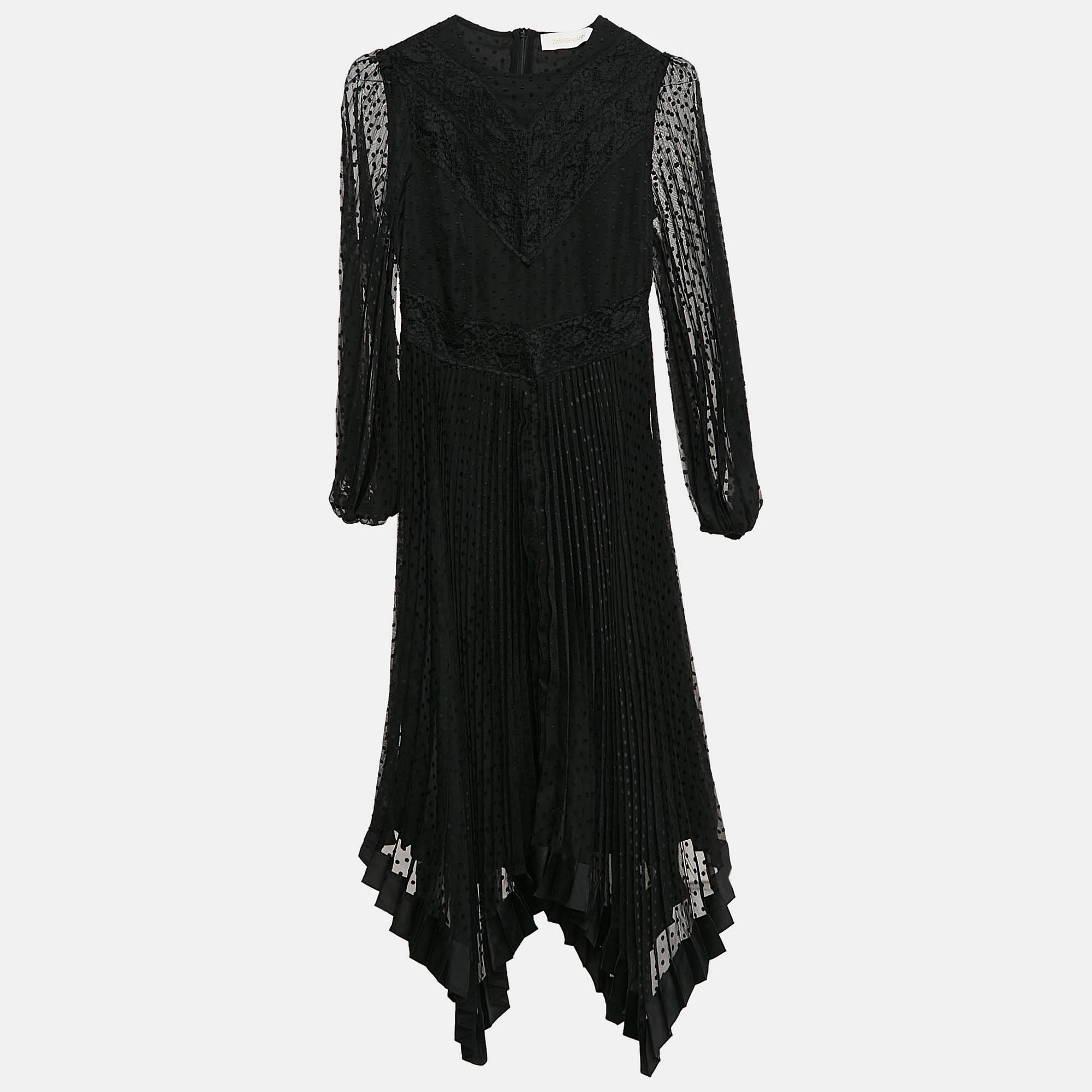 Zimmermann Black Swiss Dots Lace and Chiffon Plisse Espionage Midi Dress S, Dresses - Luxury Closet