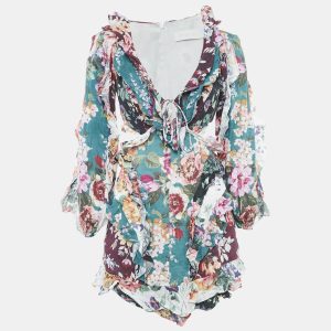 Zimmermann Green/Burgundy Floral-print Linen Allia Cutout Ruffled Mini Dress M, Dresses - Luxury Closet catalog