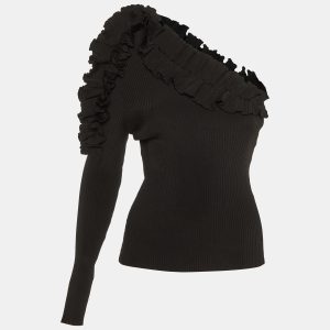 Zimmermann Black  Ruffle Detail Rib Knit One Shoulder Top M, Shirts & Tops - Luxury Closet catalog