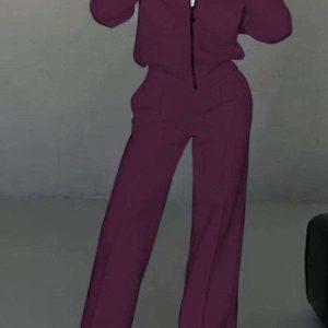 Women Plain Split Joint Two-Piece Set Daily Long Sleeve Casual Spring/Fall Top With Pants Matching Set, JustFashionNow Suit Set, color:Fuchsia|size:3XL,