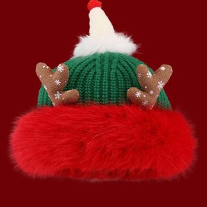 Cute Christmas Antlers Red Plush Hat Women's Winter Warm Thickened Ear Protection Beanie, Hats, color:Green|size:One-size, catalog Noracora shop