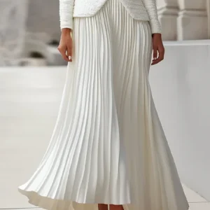 Elegant Pleated Plain Maxi Skirt, Skirts, color:White|size:XXL, Stylewe