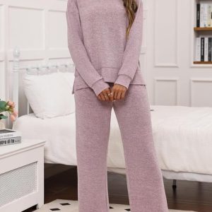 Casual Crew Neck Plain Regular Fit Pajama Set, Jumpsuits&Rompers, color:Pink|size:XL, catalog Noracora shop