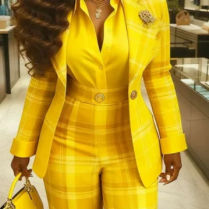 Urban Printing Plaid Lapel Collar Blazer With Brooch, Blazers, color:Yellow|size:XXL, Stylewe