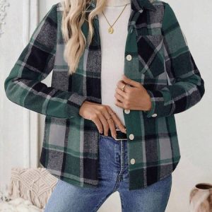 Women Spring/Fall Outerwear Casual Geometric Long Sleeve Shirt Collar Jacket, Outerwear, color:Green|size:XXL, catalog Noracora shop