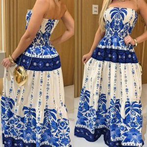 Vintage Floral & Plants Print Cinched Waist Shirred Strapless Dress Casual Ruffle Hem Vacation Dress, women Maxi Dresses, ChicMe catalog
