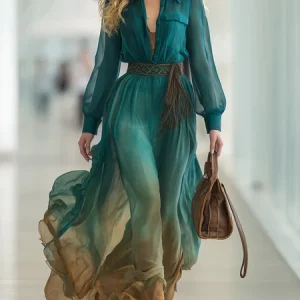 Elegant Gradient Pattern Printing Shirt Collar Maxi Dress No Belt, Maxi Dresses, color:As Picture|size:XXL, Stylewe