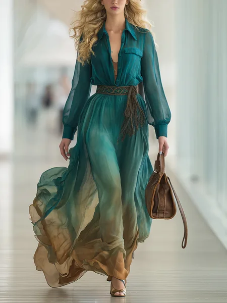 Elegant Gradient Pattern Printing Shirt Collar Maxi Dress No Belt, Maxi Dresses, color:As Picture|size:XXL, Stylewe