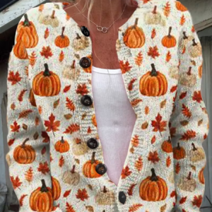Women Maple Leaf Printing Long Sleeve Crew Neck Vintage Spring/Fall Cardigan Outerwear, JustFashionNow Cardigans, color:Apricot|size:5XL,