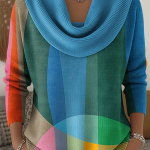 Women Abstract Printing Spring/Fall Casual Long Sleeve Cowl Neck Sweater, JustFashionNow Sweaters, color:Blue|size:3XL,