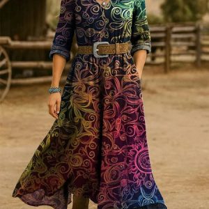 Women Floral Spring/Fall Dress V Neck Long Sleeve H-Line Dress, Dresses, color:Color2|size:4XL, catalog Noracora shop