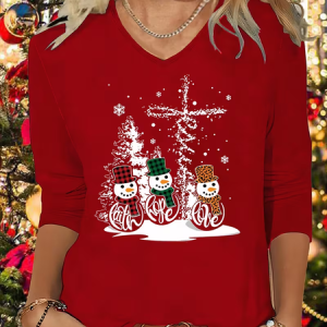 Casual Christmas Snowman V Neck Long Sleeve T-shirt, T-shirts, color:Red|size:XXL, catalog Noracora shop