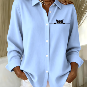 V Neck Long Sleeve Animal Regular Micro-Elasticity Regular Fit Shirt For Women, Shirts, color:Light Blue|size:3XL, catalog Noracora shop