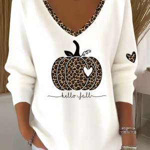 Casual Leopard V Neck Long Sleeve T-shirt, Hoodies & Sweatshirts, color:White|size:4XL, catalog Noracora shop
