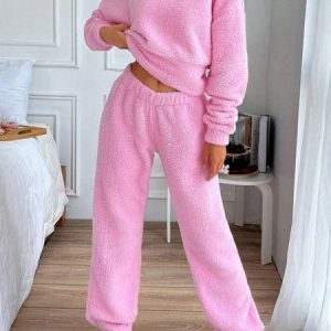 Regular Fit Casual V Neck Plain Pajama Set, Jumpsuits&Rompers, color:Pink|size:XL, catalog Noracora shop