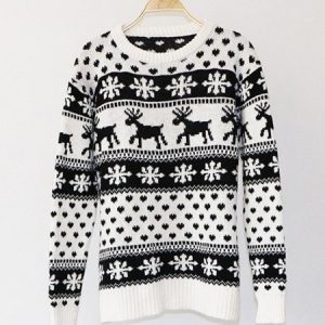 Women Ugly Sweater Christmas Jacquard Snowflake Deer Long Sleeve Knitted Sweater, JustFashionNow Sweaters, color:Black|size:One-size,