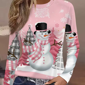 Casual Christmas Snowman Crew Neck Long Sleeve T-shirt, T-shirts, color:Pink|size:5XL, catalog Noracora shop