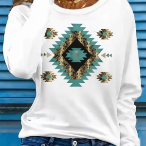 Casual Ethnic Crew Neck Long Sleeve T-shirt, T-shirts, color:White|size:XXL, catalog Noracora shop