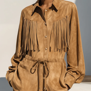 Suede Casual Plain Tassel Faux Leather Top, Jackets, color:Khaki|size:XXL, Stylewe