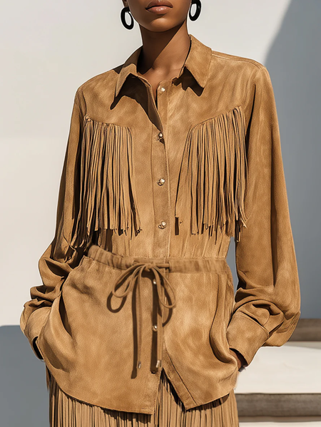 Suede Casual Plain Tassel Faux Leather Top, Jackets, color:Khaki|size:XXL, Stylewe