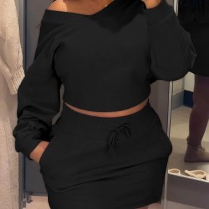 2 Pieces Outfit V-Neck Drop Shoulder Crop Top and Drawstring Elastic Waist Mini Skirt Set, women Two-piece Sets, ChicMe catalog