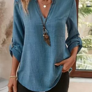 V Neck Long Sleeve Plain Regular Loose Shirt For Women, Blouses, color:Royal Blue|size:XXL, catalog Noracora shop