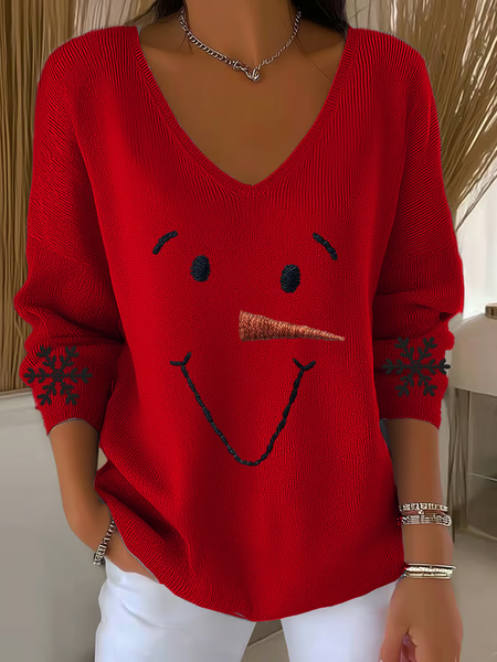 Women Christmas Snowman Long Sleeve Tee T-shirt V Neck Printing Casual Spring/Fall Top, JustFashionNow T-Shirts, color:Red|size:4XL,