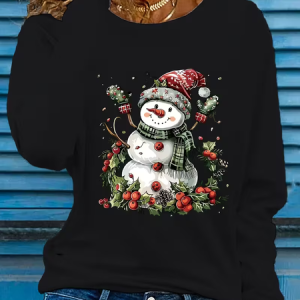 Casual Christmas Snowman Crew Neck Long Sleeve T-shirt, T-shirts, color:Black|size:XXL, catalog Noracora shop