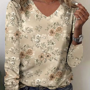 Women Floral Long Sleeve Tee T-shirt V Neck Printing Casual Spring/Fall Graphic Tee Top, JustFashionNow T-Shirts, color:Apricot|size:XXL