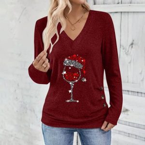 Casual Plain V Neck Long Sleeve T-shirt, T-shirts, color:Wine Red|size:XXL, catalog Noracora shop