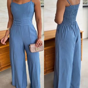 Plain Spaghetti Strap Waist Buckle Jumpsuit Casual Back Shirred Wide Leg Romper, women Jumpsuits, ChicMe catalog