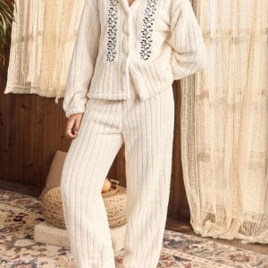 Casual Regular Fit Shirt Collar Pajama Set, Jumpsuits&Rompers, color:White|size:XL, catalog Noracora shop