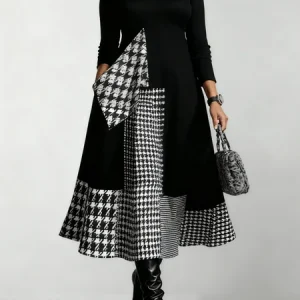 Urban Geometric Crew Neck Midi Dress, Midi Dresses, color:Black|size:XXL, Stylewe