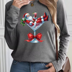 Casual Santa Claus Crew Neck Long Sleeve T-shirt, T-shirts, color:Gray|size:XXL, catalog Noracora shop