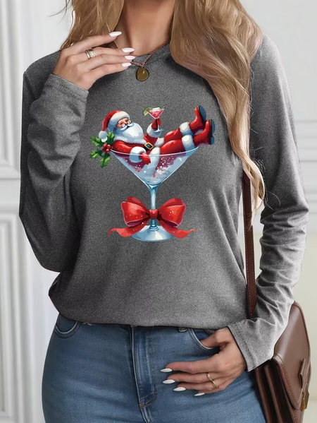 Women Santa Claus Long Sleeve Tee T-shirt Crew Neck Printing Casual Spring/Fall Graphic Tee Top, JustFashionNow T-Shirts, color:Gray|size:XXL,