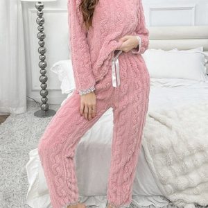 Women Plain Two-Piece Set Daily Long Sleeve Casual Spring/Fall Top With Pants Matching Set, Jumpsuits&Rompers, color:Pink|size:XL, catalog Noracora shop