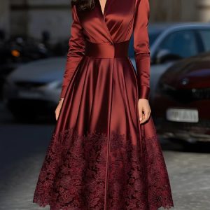 Elegant Plain Satin Lace V Neck Midi Dress, Midi Dresses, color:Red|size:XXL, Stylewe