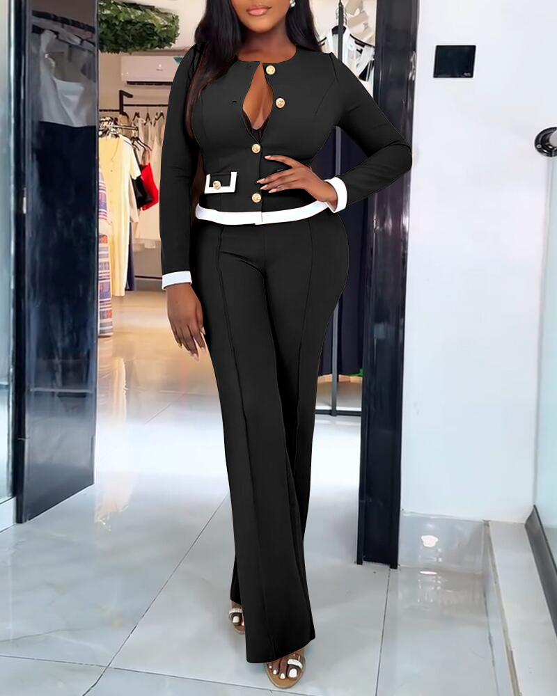 2 Pieces Outfit Contrast Paneled Single Breasted Flap Detail Crop Top and Elastic Waist Seam Front High Waist Pants Set Casual Commuting Set, women Two-piece Sets, ChicMe catalog - Image 2