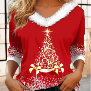 Casual Fur Collar Christmas Tree T-Shirt, JustFashionNow T-Shirts, color:Red|size:XXL,