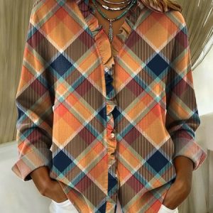 Lace Collar Long Sleeve Geometric Regular Loose Shirt For Women, Shirts, color:Color3|size:4XL, catalog Noracora shop