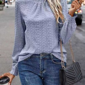 Elegant Plain Stand Collar Long Sleeve T-shirt, T-shirts, color:Blue Purple|size:XXL, catalog Noracora shop