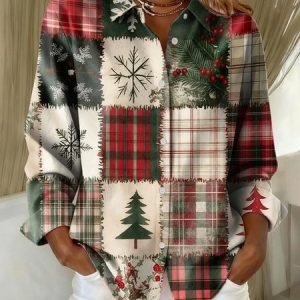 Shawl Collar Long Sleeve Geometric Regular Loose Shirt For Women, Shirts, color:Color3|size:4XL, catalog Noracora shop