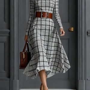 Urban Plaid Printing Stand Collar Midi Dress No Belt, Midi Dresses, color:Black-white|size:XXL, Stylewe