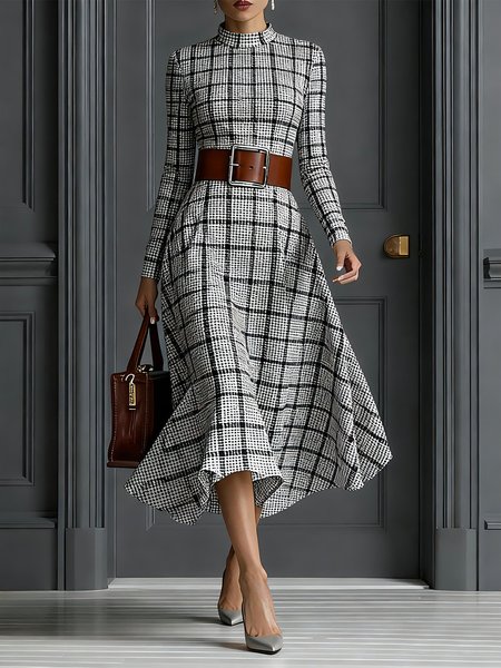 Urban Plaid Printing Stand Collar Midi Dress No Belt, Midi Dresses, color:Black-white|size:XXL, Stylewe