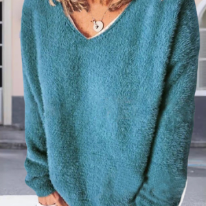 Women Plain Split Joint Winter Street Long Sleeve V Neck Sweater, JustFashionNow Sweaters, color:Blue|size:5XL,