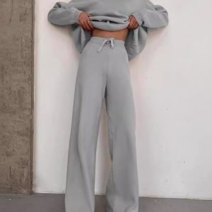 Women Plain Lace-up Two-Piece Set Daily Long Sleeve Casual Spring/Fall Top With Pants Matching Set, JustFashionNow Suit Set, color:Gray|size:3XL,