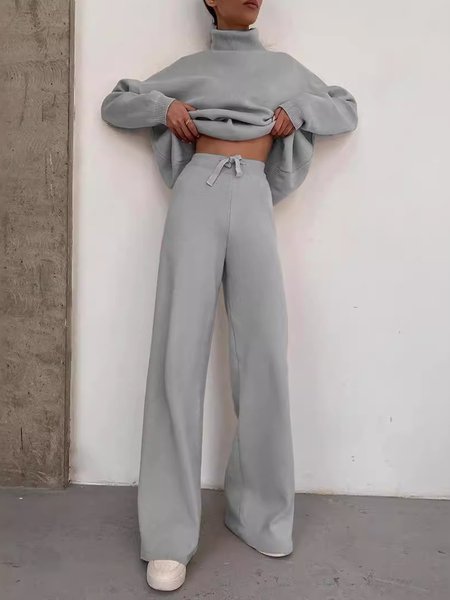 Women Plain Lace-up Two-Piece Set Daily Long Sleeve Casual Spring/Fall Top With Pants Matching Set, JustFashionNow Suit Set, color:Gray|size:3XL,