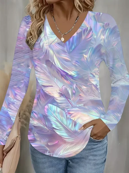 Women Abstract Long Sleeve Tee T-shirt V Neck Printing Casual Spring/Fall Graphic Tee Top, JustFashionNow T-Shirts, color:As Picture|size:XXL - Image 2